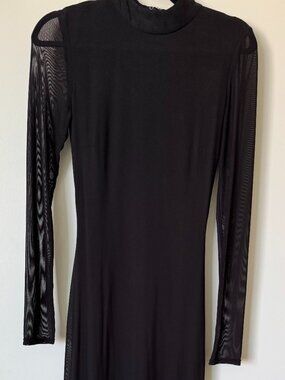 Saunders Collective Black Mesh-Sleeve Mock Neck Maxi Dress, Size 2